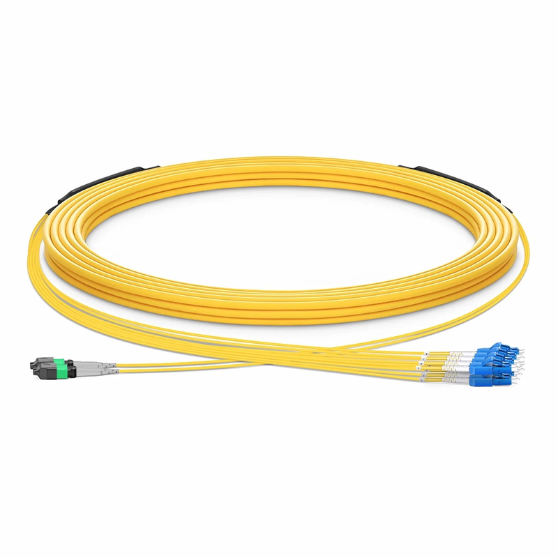 FyberOptix 30m (98ft) MTPÂ® Hybrid Trunk Cable, MTPÂ®-8 APC (Male) to 4 LC UPC Duplex Uniboot, 16 Fibers, Single Mode (OS2), Plenum (OFNP), 0.35dB Max, Type B, Double Jacket, Yellow