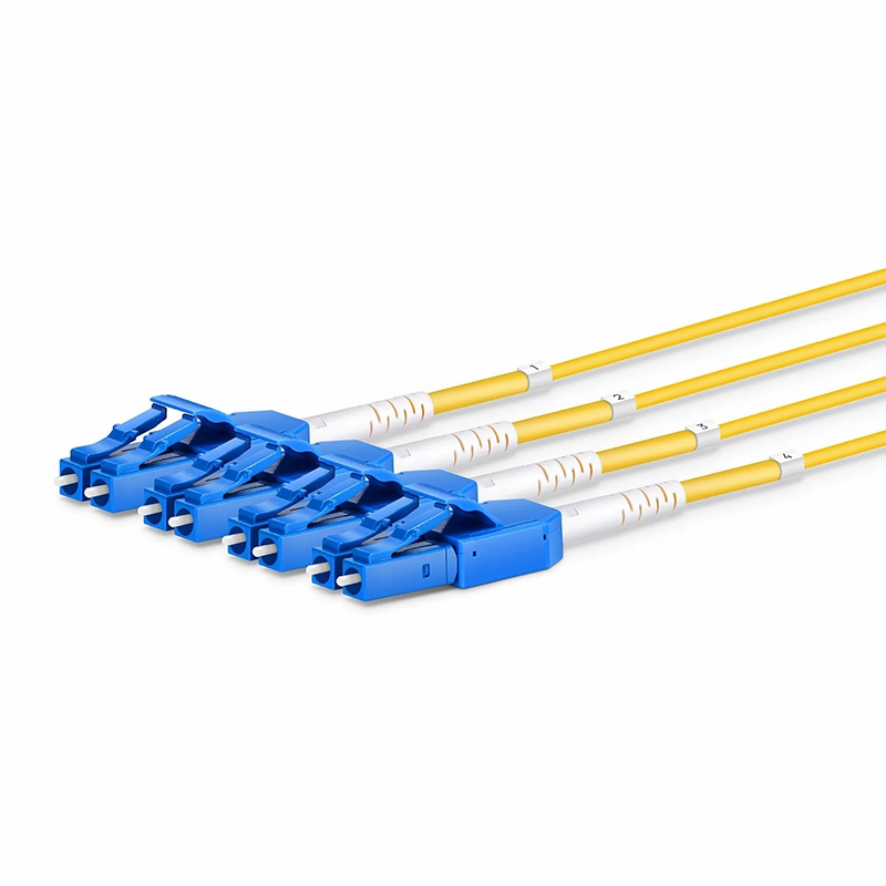 FyberOptix 30m (98ft) MTPÂ® Hybrid Trunk Cable, MTPÂ®-8 APC (Male) to 4 LC UPC Duplex Uniboot, 16 Fibers, Single Mode (OS2), Plenum (OFNP), 0.35dB Max, Type B, Double Jacket, Yellow