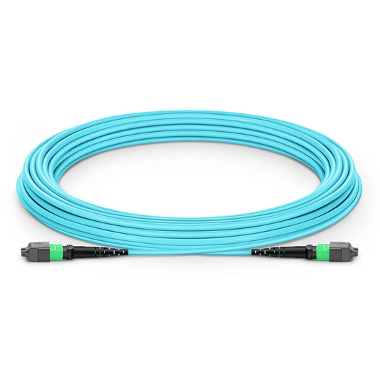 FyberOptix 10m (33ft) MTPÂ® Jumper, MTPÂ®-16 APC (Female) to MTPÂ®-16 APC (Female), 16 Fibers, Multimode (OM3), Plenum (OFNP), 0.35dB Max, Crossover, Aqua