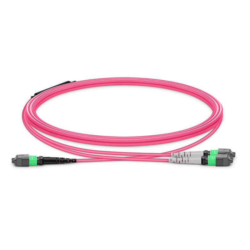 FyberOptix 5m (16ft) MTPÂ® Breakout Cable, MTPÂ®-16 APC (Female) to 2 x MTPÂ®-8 APC (Female), 16 Fibers, Multimode (OM4), Plenum (OFNP), 0.35dB Max, Crossover, Magenta