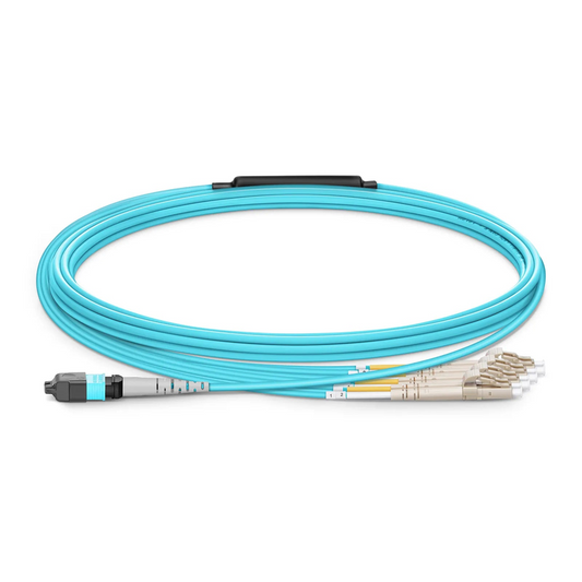 FyberOptix 5m (16ft) MTPÂ® Harness, MTPÂ®-8 UPC (Female) to 4 x LC UPC Duplex, 8 Fibers, Multimode (OM4), Plenum (OFNP), 0.35dB Max, Type B, 1m Equal Breakout Length, Aqua