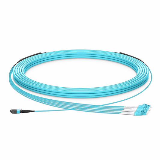 FyberOptix 30m (98ft) MTPÂ® Hybrid Trunk Cable, MTPÂ®-12 UPC (Female) to 6 LC UPC Duplex Uniboot, 12 Fibers, Multimode (OM3), Plenum (OFNP), 0.20dB Max, Type B, Double Jacket, Aqua