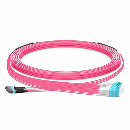 FyberOptix 30m (98ft) MTPÂ® Hybrid Trunk Cable, MTPÂ®-12 UPC (Female) to 6 LC UPC Duplex Uniboot, 48 Fibers, Multimode (OM4), Plenum (OFNP), 0.20dB Max, Type B, Double Jacket, Magenta