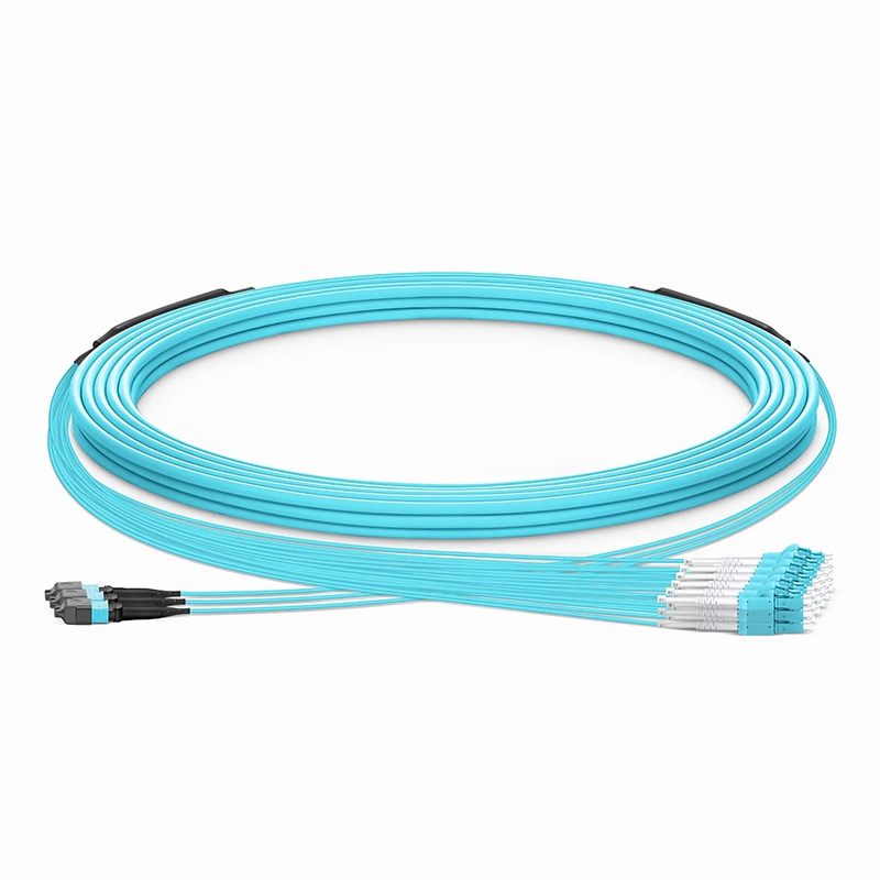 FyberOptix 30m (98ft) MTPÂ® Hybrid Trunk Cable, MTPÂ®-12 UPC (Female) to 6 LC UPC Duplex Uniboot, 36 Fibers, Multimode (OM3), Plenum (OFNP), 0.20dB Max, Type B, Double Jacket, Aqua
