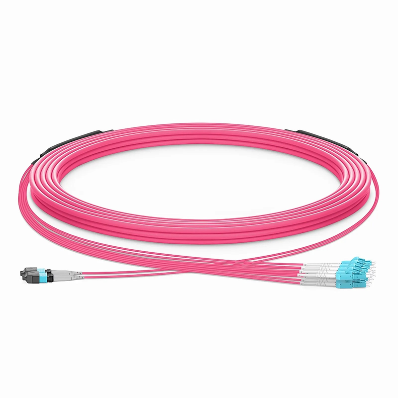 FyberOptix 30m (98ft) MTPÂ® Hybrid Trunk Cable, MTPÂ®-8 UPC (Female) to 4 LC UPC Duplex Uniboot, 16 Fibers, Multimode (OM4), Plenum (OFNP), 0.20dB Max, Type B, Double Jacket, Magenta