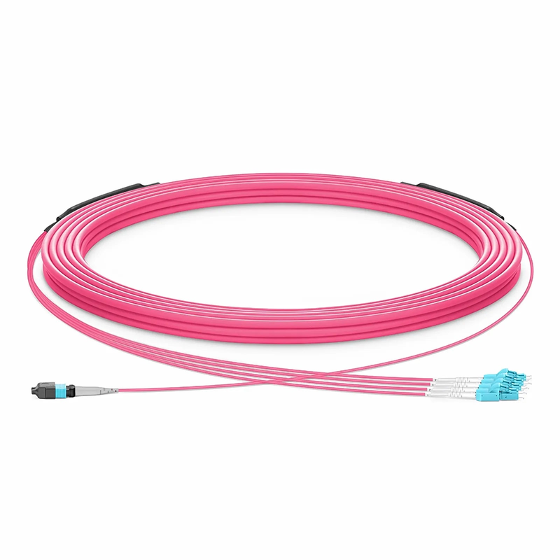 FyberOptix 30m (98ft) MTPÂ® Hybrid Trunk Cable, MTPÂ®-8 UPC (Female) to 4 LC UPC Duplex Uniboot, 8 Fibers, Multimode (OM4), Plenum (OFNP), 0.20dB Max, Type B, Double Jacket, Magenta