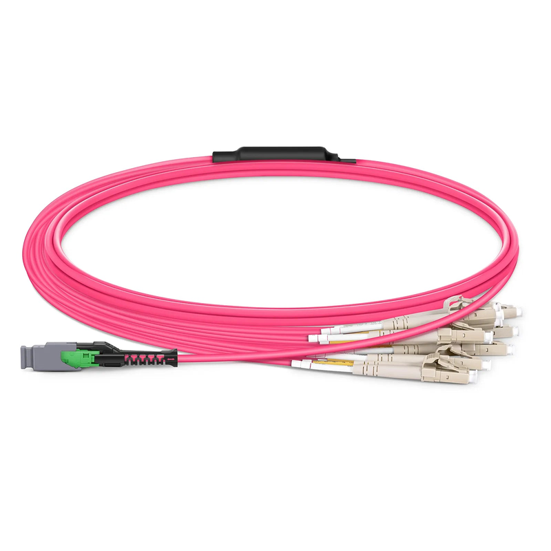 FyberOptix 2m (7ft) MMC Harness, MMC-16 APC (Female) to 8 x LC UPC Duplex, 16 Fibers, Multimode (OM4), Plenum (OFNP), 0.35dB Max, Jumper Polarity, Magenta