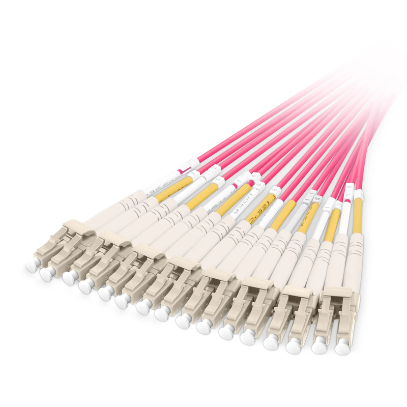 FyberOptix 2m (7ft) MMC Harness, MMC-16 APC (Female) to 8 x LC UPC Duplex, 16 Fibers, Multimode (OM4), Plenum (OFNP), 0.35dB Max, Jumper Polarity, Magenta