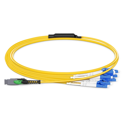 FyberOptix 1m (3ft) MMC Harness, MMC-16 APC (Female) to 8 x LC UPC Duplex, 16 Fibers, Single Mode (OS2), Plenum (OFNP), 0.35dB Max, Jumper Polarity, Yellow