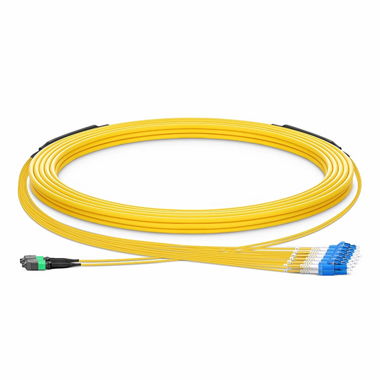 FyberOptix 30m (98ft) MTPÂ® Hybrid Trunk Cable, MTPÂ®-12 APC (Female) to 6 LC UPC Duplex Uniboot, 24 Fibers, Single Mode (OS2), Plenum (OFNP), 0.35dB Max, Type B, Double Jacket, Yellow