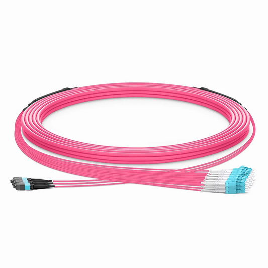 FyberOptix 30m (98ft) MTPÂ® Hybrid Trunk Cable, MTPÂ®-12 UPC (Female) to 6 LC UPC Duplex Uniboot, 36 Fibers, Multimode (OM4), Plenum (OFNP), 0.20dB Max, Type B, Double Jacket, Magenta