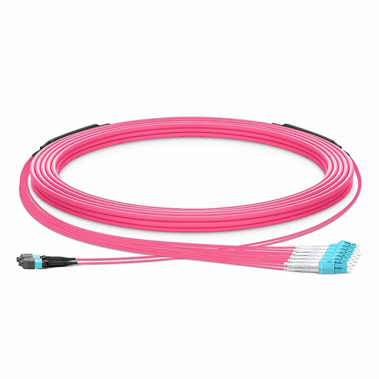 FyberOptix 30m (98ft) MTPÂ® Hybrid Trunk Cable, MTPÂ®-12 UPC (Female) to 6 LC UPC Duplex Uniboot, 24 Fibers, Multimode (OM4), Plenum (OFNP), 0.20dB Max, Type B, Double Jacket, Magenta