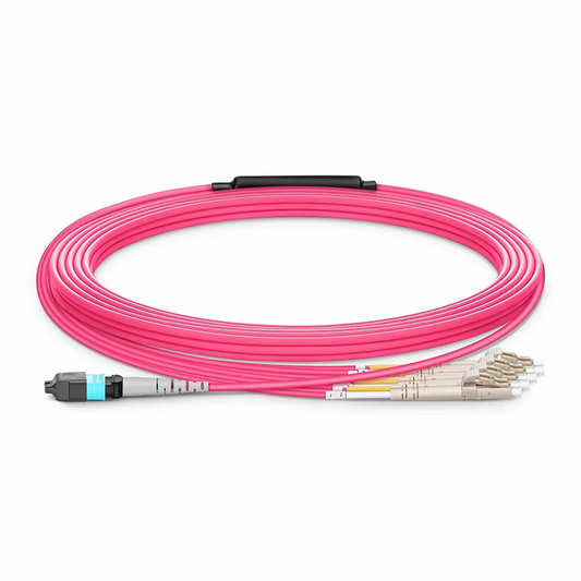 FyberOptix 10m (33ft) MTPÂ® Harness, MTPÂ®-8 UPC (Female) to 4 x LC UPC Duplex, 8 Fibers, Multimode (OM4), Plenum (OFNP), 0.35dB Max, Type B, Magenta