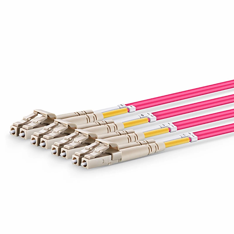 FyberOptix 5m (16ft) MTPÂ® Harness, MTPÂ®-8 UPC (Female) to 4 x LC UPC Duplex, 8 Fibers, Multimode (OM4), Plenum (OFNP), 0.35dB Max, Type B, Magenta