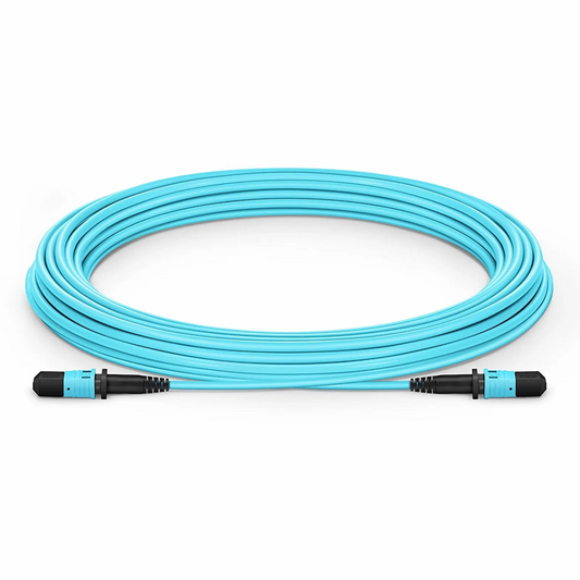 FyberOptix 30m (98ft) MPO Jumper, Senko MPO-12 APC (Female) to MPO-12 APC (Female), 8 Fibers, Multimode (OM3), LSZH, 0.35dB Max, Type B, Aqua