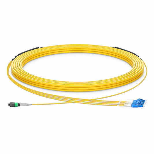 FyberOptix 30m (98ft) MTPÂ® Hybrid Trunk Cable, MTPÂ®-8 APC (Female) to 4 LC UPC Duplex Uniboot, 8 Fibers, Single Mode (OS2), Plenum (OFNP), 0.35dB Max, Type B, Double Jacket, Yellow