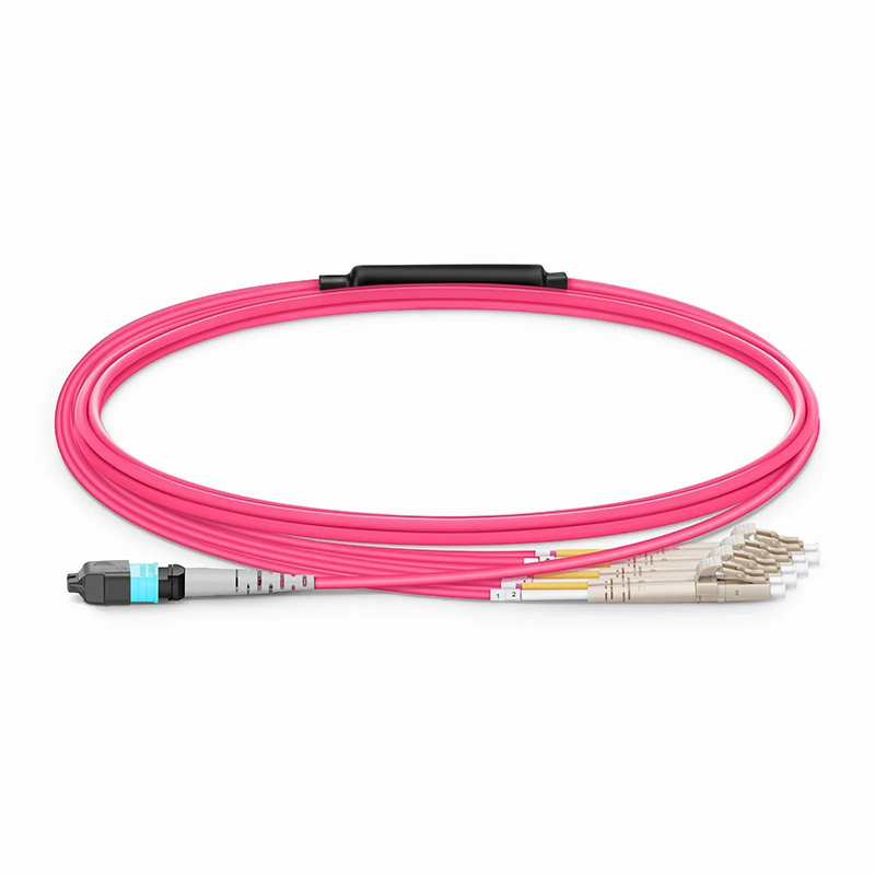 FyberOptix 2m (7ft) MTPÂ® Harness, MTPÂ®-8 UPC (Female) to 4 x LC UPC Duplex, 8 Fibers, Multimode (OM4), Plenum (OFNP), 0.35dB Max, Type B, 1m Equal Breakout Length, Magenta