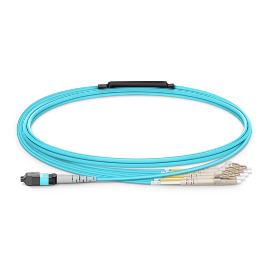 FyberOptix 2m (7ft) MTPÂ® Harness, MTPÂ®-8 UPC (Female) to 4 x LC UPC Duplex, 8 Fibers, Multimode (OM4), Plenum (OFNP), 0.35dB Max, Type B, 1m Equal Breakout Length, Aqua