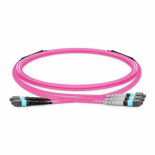 FyberOptix 3m (10ft) MTPÂ® Breakout Cable, 2 x MTPÂ®-12 UPC (Male) to 3 x MTPÂ®-8 UPC (Female), 24 Fibers, Multimode (OM4), Plenum (OFNP), 0.35dB Max, Type A, Magenta