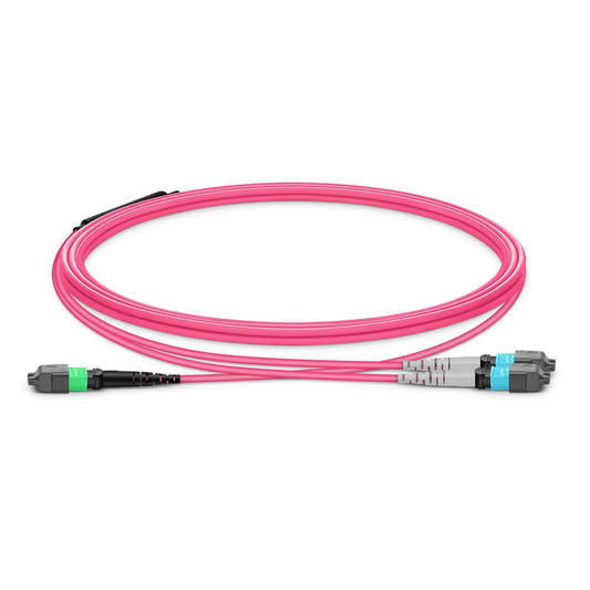 FyberOptix 3m (10ft) MTPÂ® Breakout Cable, MTPÂ®-16 APC (Female) to 2 x MTPÂ®-8 UPC (Female), 16 Fibers, Multimode (OM4), Plenum (OFNP), 0.35dB Max, Crossover, Magenta