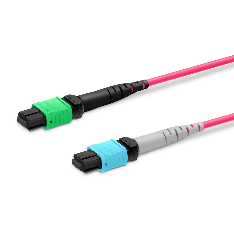 FyberOptix 2m (7ft) MTPÂ® Breakout Cable, MTPÂ®-16 APC (Female) to 2 x MTPÂ®-8 UPC (Female), 16 Fibers, Multimode (OM4), Plenum (OFNP), 0.35dB Max, Crossover, Magenta