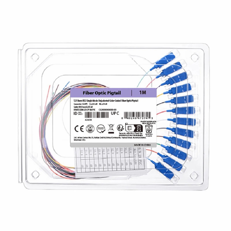 FyberOptix 1m (3ft) Fiber Pigtail, SC APC to Unterminated, 12 Fibers, Unjacketed Color-Coded, OS2 Single Mode, PVC (Unrated), 0.9mm, 12-Color