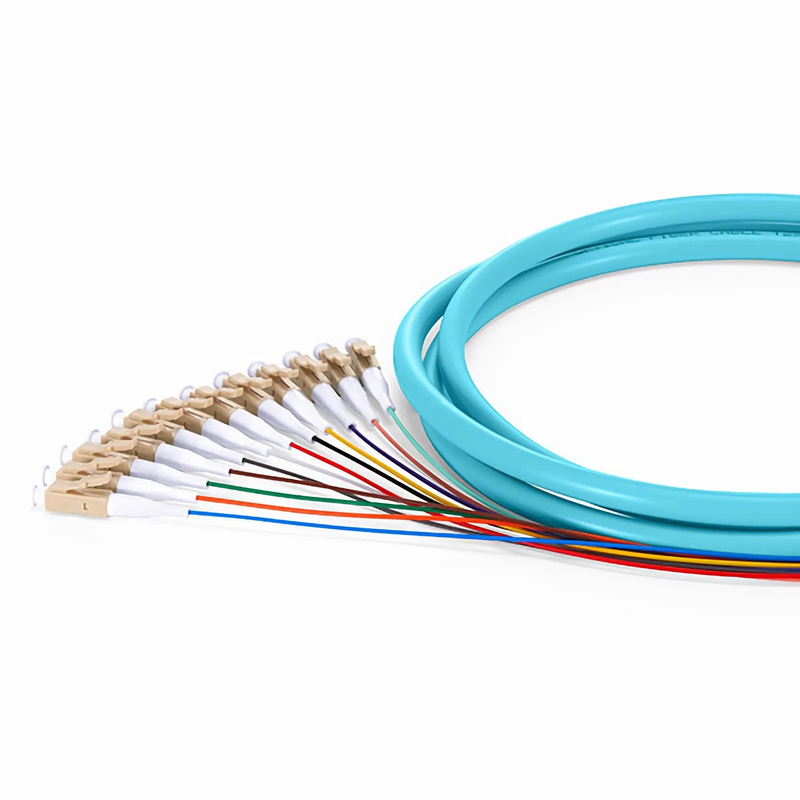 FyberOptix 1.5m (5ft) Fiber Pigtail, LC UPC to Unterminated, 12 Fibers, Bunch, OM4 Multimode, PVC (Unrated), 0.9mm, Aqua