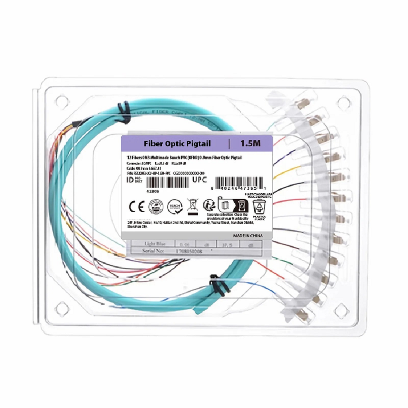 FyberOptix 1.5m (5ft) Fiber Pigtail, LC UPC to Unterminated, 12 Fibers, Bunch, OM4 Multimode, PVC (Unrated), 0.9mm, Aqua