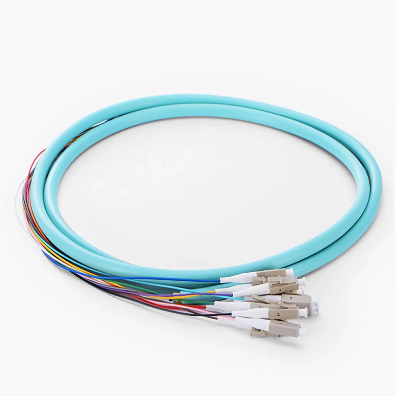 FyberOptix 1.5m (5ft) Fiber Pigtail, LC UPC to Unterminated, 12 Fibers, Bunch, OM3 Multimode, PVC (Unrated), 0.9mm, Aqua