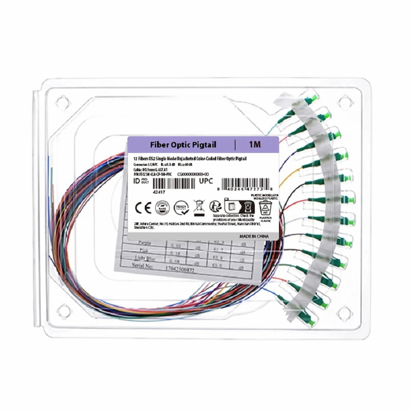 FyberOptix 1m (3ft) Fiber Pigtail, LC APC to Unterminated, 12 Fibers, Unjacketed Color-Coded, OS2 Single Mode, PVC (Unrated), 0.9mm, 12-Color