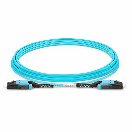 FyberOptix 10m (33ft) Fiber Patch Cable, 2 Fibers, LC UPC Duplex to LC UPC Duplex Flat Clip with Push-Pull Boot Uniboot, Multimode (OM4), Riser (OFNR), 2.0mm, Aqua