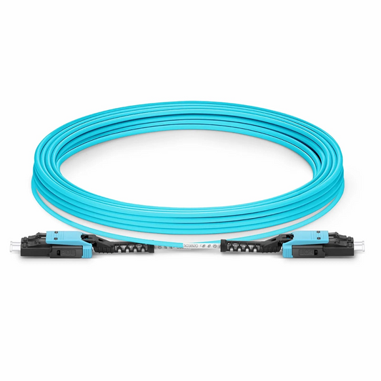 FyberOptix 30m (98ft) Fiber Patch Cable, 2 Fibers, LC UPC Duplex to LC UPC Duplex Flat Clip with Push-Pull Boot Uniboot, Multimode (OM4), Riser (OFNR), 2.0mm, Aqua