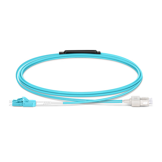 FyberOptix 2m (7ft) Fiber Patch Cable, 2 Fibers, LC UPC Duplex Standard Clip Uniboot to SC UPC Duplex, Multimode (OM4), Riser (OFNR), 2.0/0.9mm, Aqua