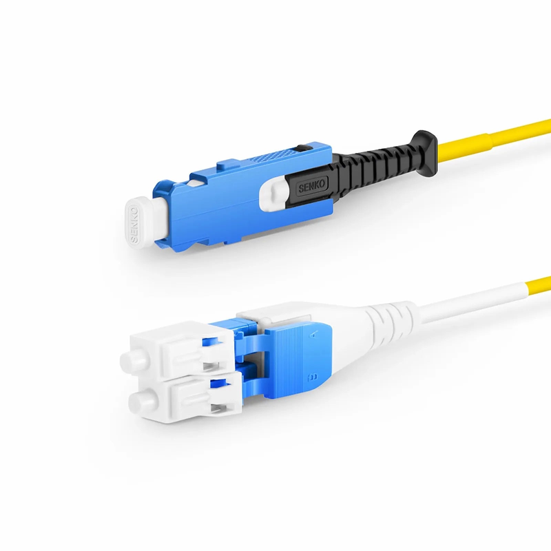 FyberOptix 1m (3ft) Fiber Patch Cable, 2 Fibers, SN UPC Duplex to LC UPC Duplex Flat Clip Uniboot, Single Mode (OS2), Riser (OFNR), 1.6mm, Yellow, for 400G Network Connection