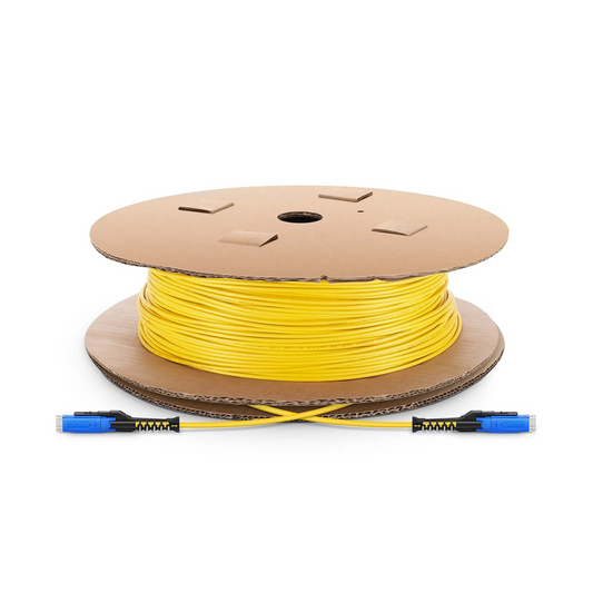 FyberOptix 100m (328ft) Fiber Patch Cable, 2 Fibers, MDC UPC Duplex to MDC UPC Duplex Uniboot, Single Mode (OS2), Riser (OFNR), 2.0mm, Yellow, for 100/400/800G Network Connection
