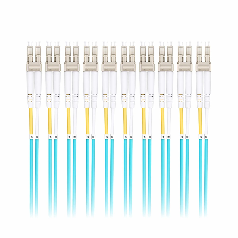 FyberOptix 3m (10ft) Fiber Patch Cable, 2 Fibers, LC UPC Duplex to LC UPC Duplex, Multimode (OM3), Riser (OFNR), 2.0mm, Tight-Buffered, Aqua, 10 Pcs/Pack