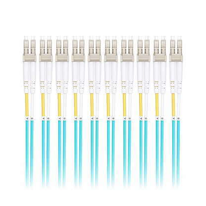 FyberOptix 3m (10ft) Fiber Patch Cable, 2 Fibers, LC UPC Duplex to LC UPC Duplex, Multimode (OM3), Riser (OFNR), 2.0mm, Tight-Buffered, Aqua, 10 Pcs/Pack