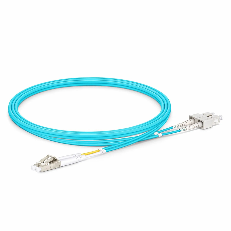 FyberOptix 1m (3ft) Fiber Patch Cable, 2 Fibers, LC UPC Duplex to SC UPC Duplex, Multimode (OM3), Riser (OFNR), 2.0mm, Tight-Buffered, Aqua