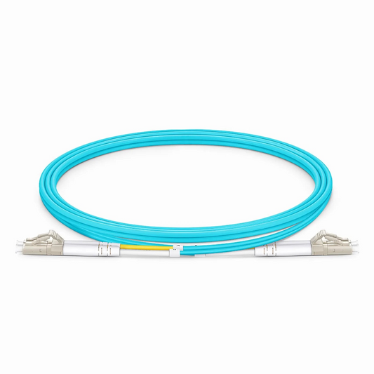 FyberOptix 1m (3ft) Fiber Patch Cable, 2 Fibers, LC UPC Duplex to LC UPC Duplex, Multimode (OM3), Riser (OFNR), 2.0mm, Tight-Buffered, Aqua