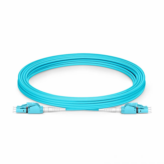FyberOptix 5m (16ft) Fiber Patch Cable, 2 Fibers, LC UPC Duplex to LC UPC Duplex Switchable Clip Uniboot, Multimode (OM4), Riser (OFNR), 2.0mm, Aqua