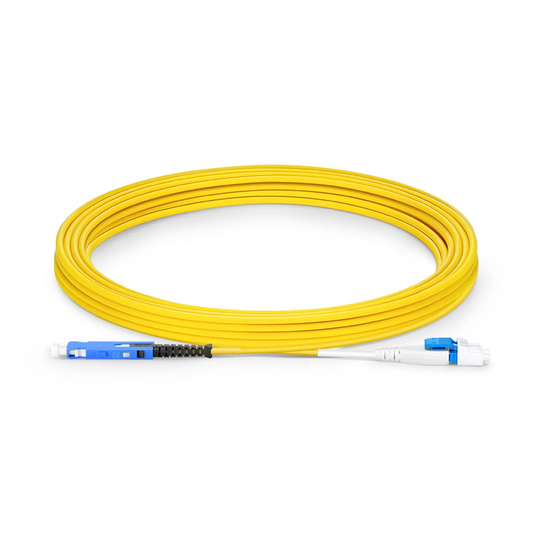 FyberOptix 5m (16ft) Fiber Patch Cable, 2 Fibers, SN UPC Duplex to LC UPC Duplex Flat Clip Uniboot, Single Mode (OS2), Riser (OFNR), 1.6mm, Yellow, for 400G Network Connection