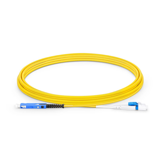 FyberOptix 3m (10ft) Fiber Patch Cable, 2 Fibers, SN UPC Duplex to LC UPC Duplex Flat Clip Uniboot, Single Mode (OS2), Riser (OFNR), 1.6mm, Yellow, for 400G Network Connection