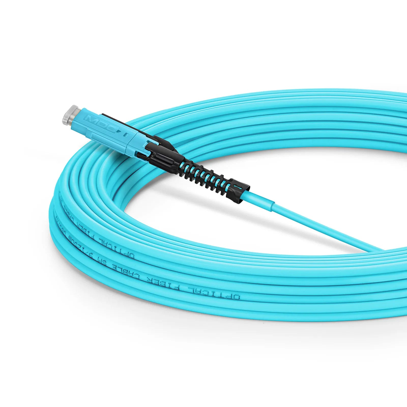 FyberOptix 30m (98ft) Fiber Patch Cable, 2 Fibers, MDC UPC Duplex to MDC UPC Duplex Uniboot, Multimode (OM4), Riser (OFNR), 2.0mm, Aqua, for 100/400/800G Network Connection