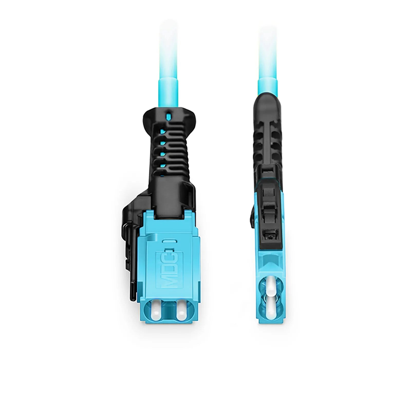 FyberOptix 30m (98ft) Fiber Patch Cable, 2 Fibers, MDC UPC Duplex to MDC UPC Duplex Uniboot, Multimode (OM4), Riser (OFNR), 2.0mm, Aqua, for 100/400/800G Network Connection