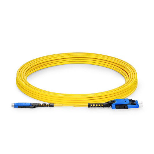 FyberOptix 5m (16ft) Fiber Patch Cable, 2 Fibers, MDC UPC Duplex to LC UPC Duplex Flat Clip with Push-Pull Boot Uniboot, Single Mode (OS2), Riser (OFNR), 2.0mm, Yellow, for 100/400/800G Network Connection
