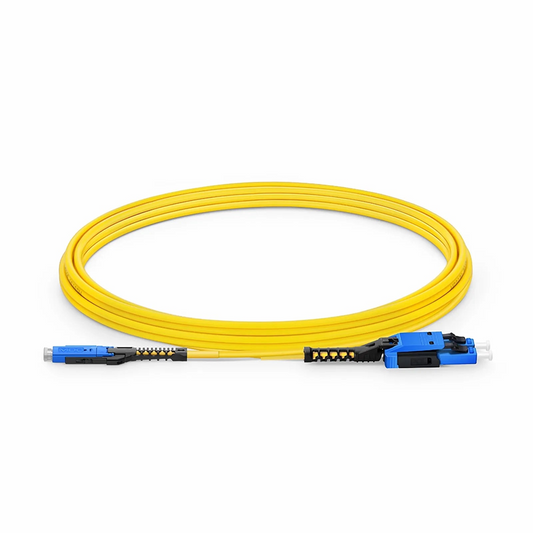 FyberOptix 3m (10ft) Fiber Patch Cable, 2 Fibers, MDC UPC Duplex to LC UPC Duplex Flat Clip with Push-Pull Boot Uniboot, Single Mode (OS2), Riser (OFNR), 2.0mm, Yellow, for 100/400/800G Network Connection