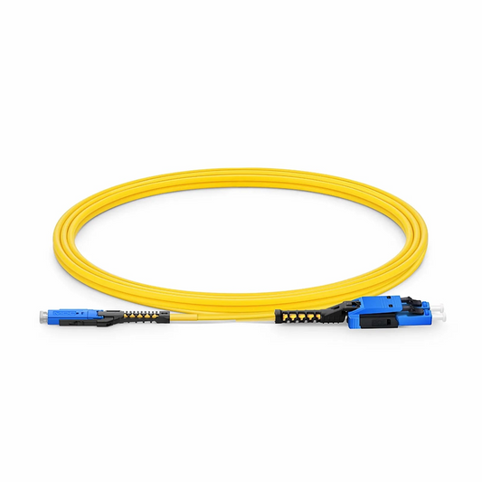 FyberOptix 2m (7ft) Fiber Patch Cable, 2 Fibers, MDC UPC Duplex to LC UPC Duplex Flat Clip with Push-Pull Boot Uniboot, Single Mode (OS2), Riser (OFNR), 2.0mm, Yellow, for 100/400/800G Network Connection
