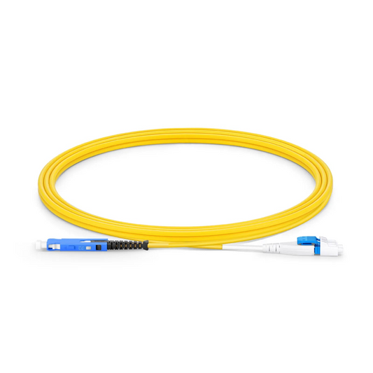 FyberOptix 2m (7ft) Fiber Patch Cable, 2 Fibers, SN UPC Duplex to LC UPC Duplex Flat Clip Uniboot, Single Mode (OS2), Riser (OFNR), 1.6mm, Yellow, for 400G Network Connection