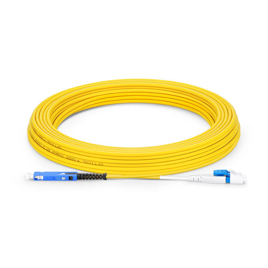 FyberOptix 10m (33ft) Fiber Patch Cable, 2 Fibers, SN UPC Duplex to LC UPC Duplex Flat Clip Uniboot, Single Mode (OS2), Riser (OFNR), 1.6mm, Yellow, for 400G Network Connection