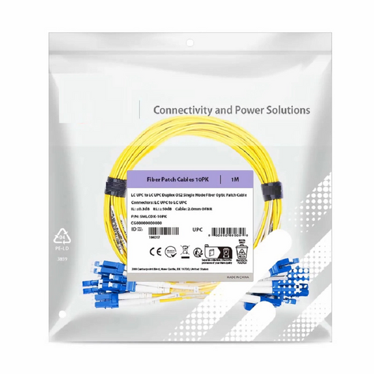 FyberOptix 1m (3ft) Fiber Patch Cable, 2 Fibers, LC UPC Duplex to LC UPC Duplex, Single Mode (OS2), Riser (OFNR), 2.0mm, Tight-Buffered, Yellow, 10 Pcs/Pack